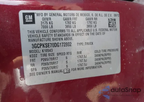 2013 Chevrolet Silverado 1500 Lt z USA, uszkodzony, nr VIN 3GCPKSE70DG172802